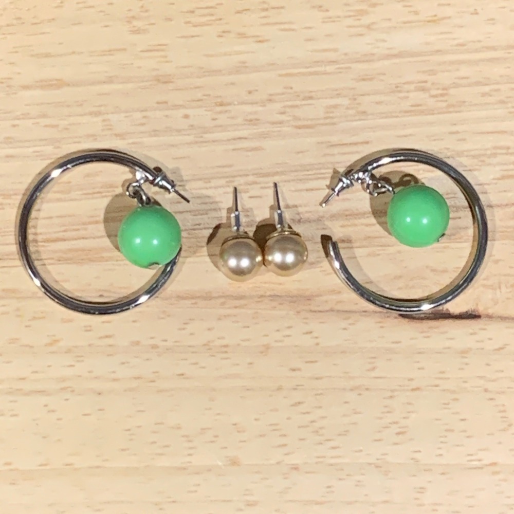 Earring Set Women OS Silver Green Hoops Gold Faux Pearl Studs Retro